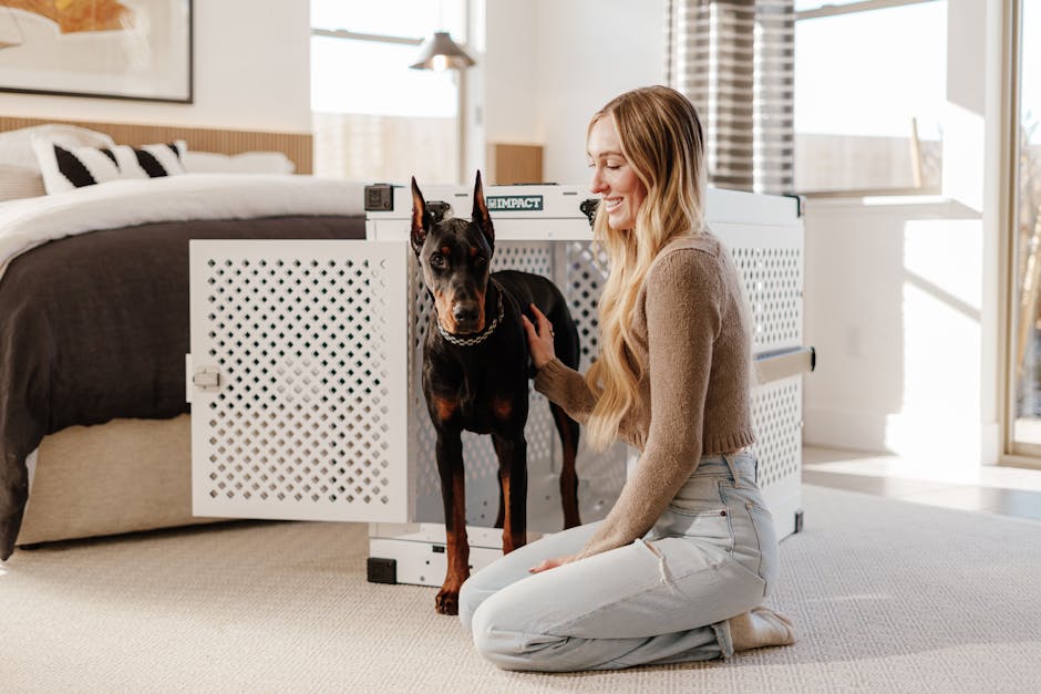 A young woman sitting by a Doberman in a modern bedroom with natural light.
