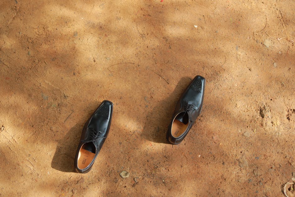 A pair of black leather shoes laid on an earthy surface under sunlight.