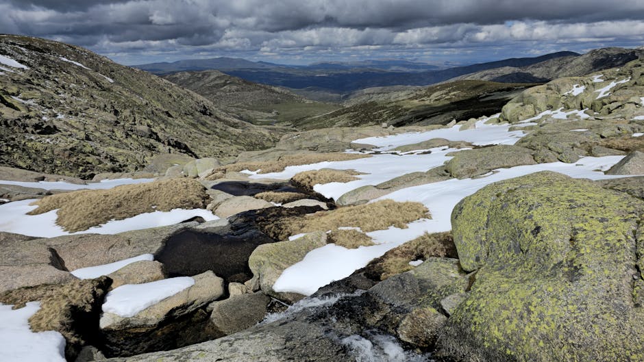 Beautiful rugged mountain view with snow in Castile and León, Spain.